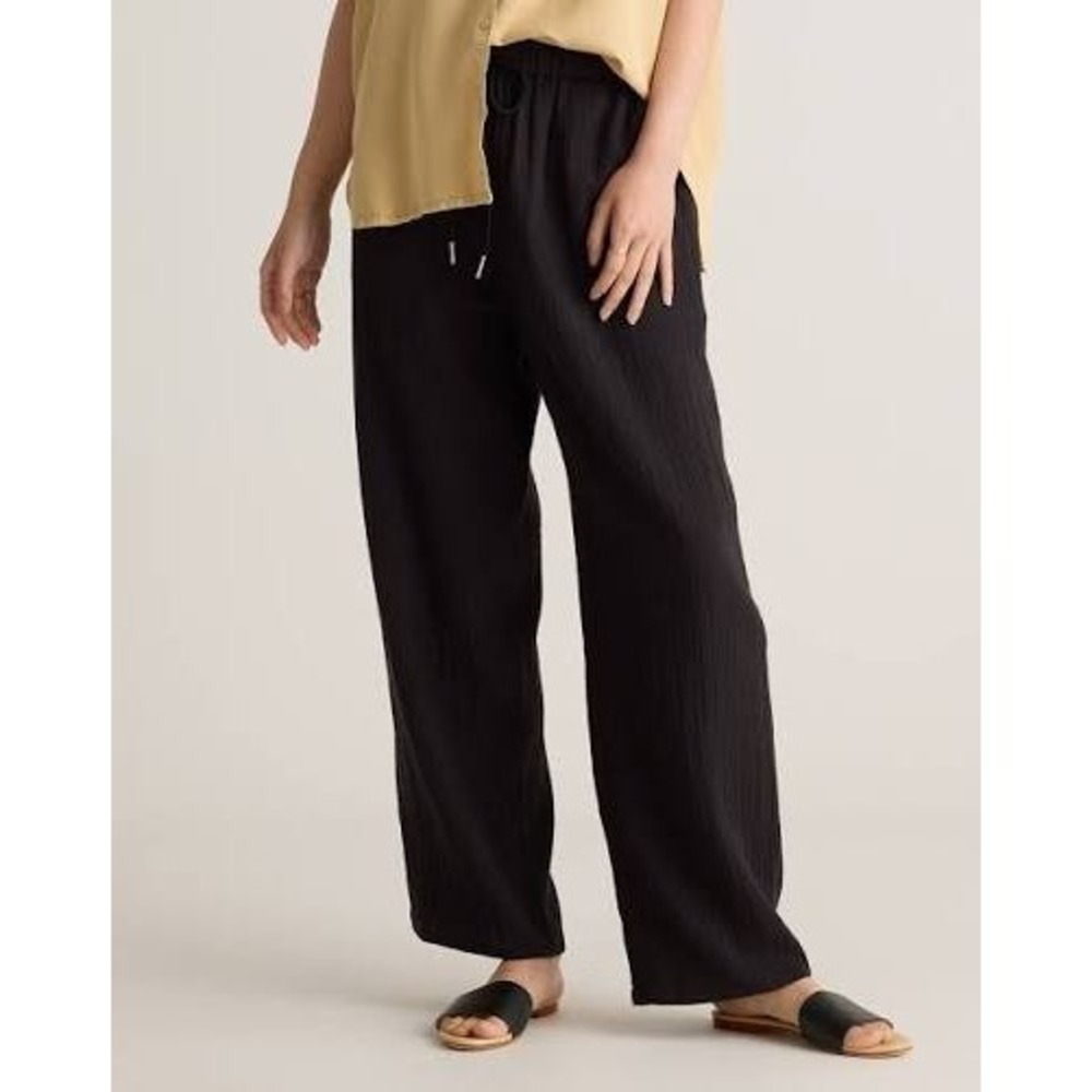 Quince Womens M Organic Cotton Gauze Straight Leg Pants Black NWT Drawstring